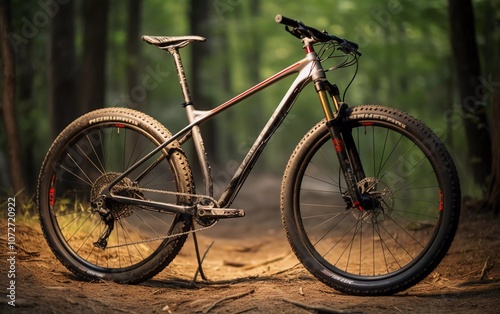 A mountain bike stands on a dirt trail surrounded by lush green trees, ready for adventure.