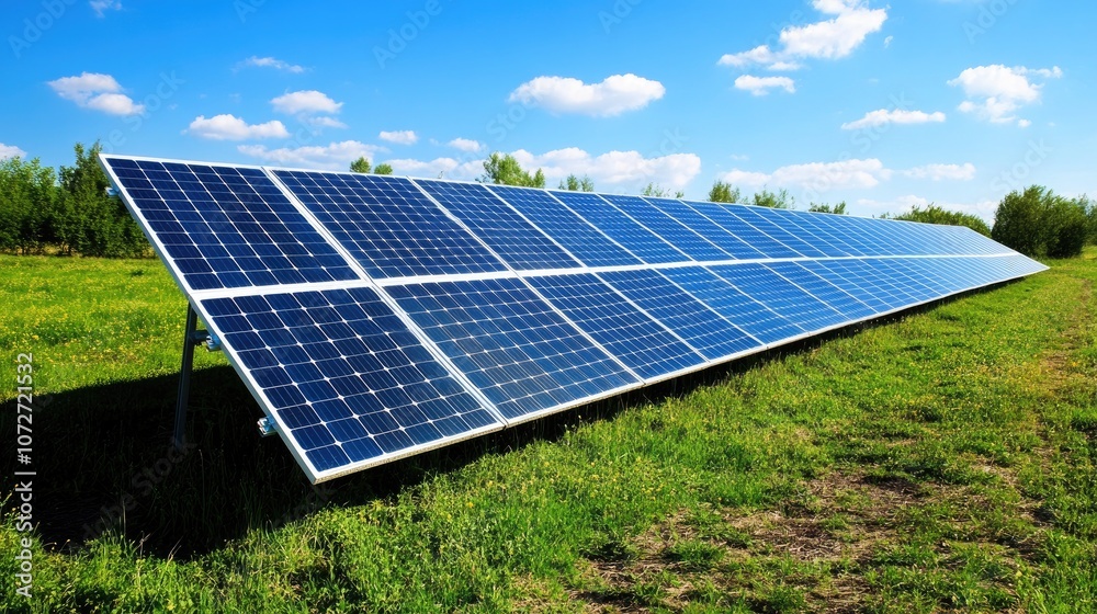 Solar Panels on Green Field Under Bright Sky