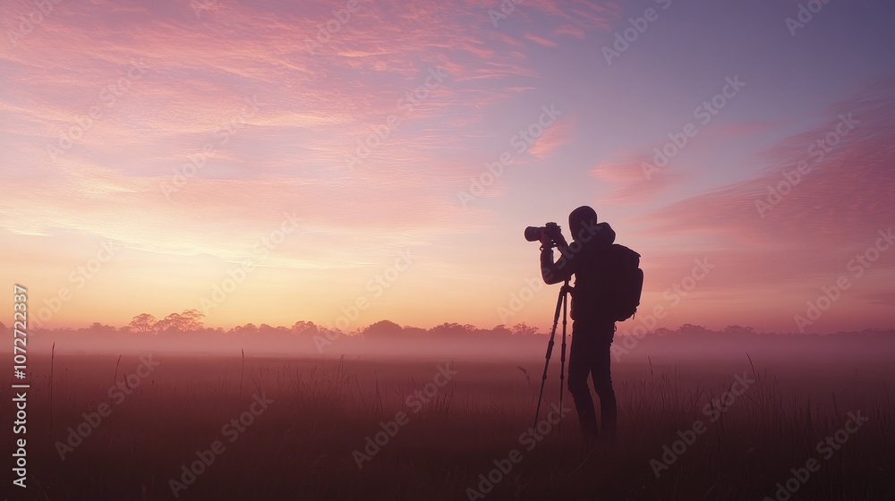 Photographer Silhouetted Against a Pink and Orange Sunrise with Fog. Photographer Silhouetted Against a Pink and Orange Sunrise with Fog.