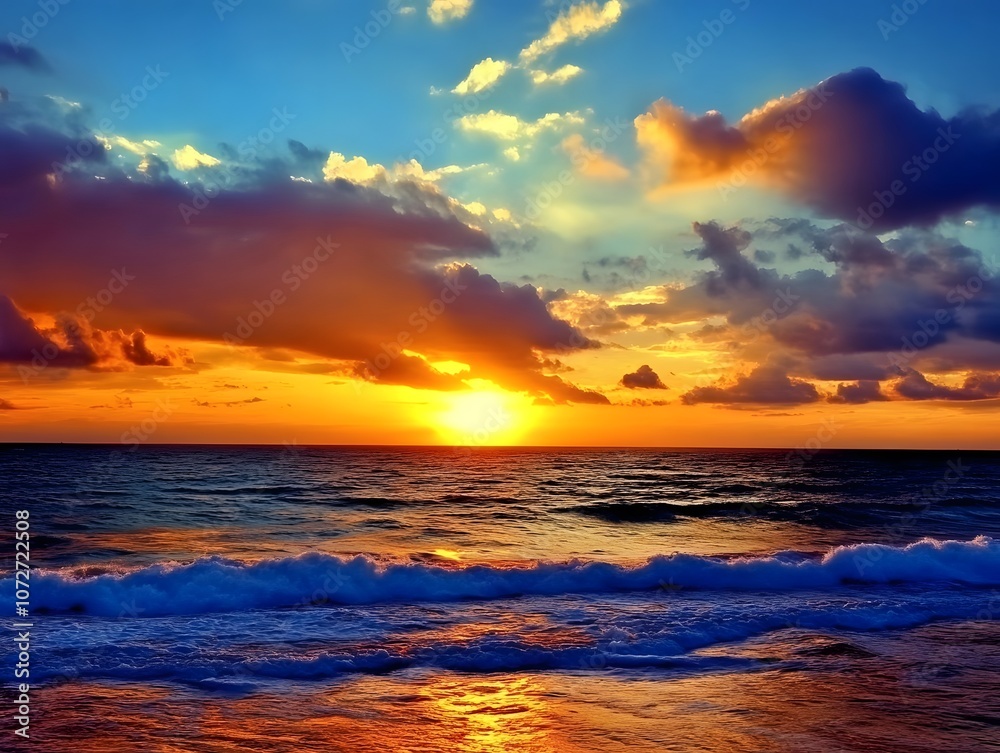 Fototapeta premium Peaceful Sunset Coast Ocean Sea Sunrise Horizon Sunlight Water 