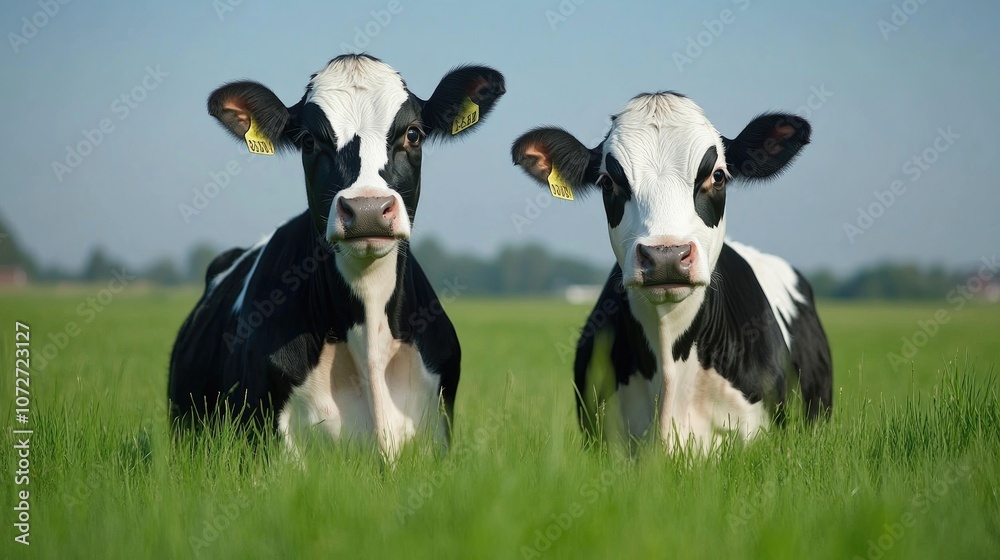 Fototapeta premium Two Cows in Green Pasture Under Clear Sky
