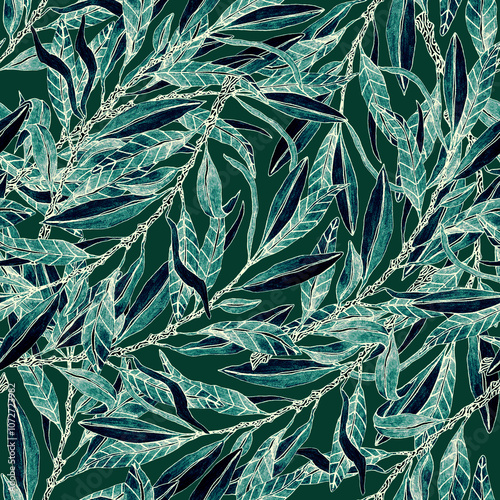 Texture with hand drawn emerald branches and leaves in virid green background . Ideal for printing on fabric or paper. floral ornament