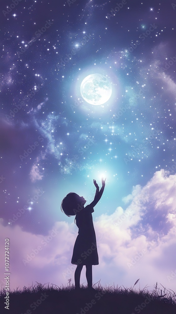 Silhouette of a Little Girl Reaching for a Star Under a Full Moon and a Starry Night Sky.