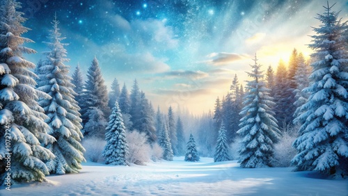 A serene winter forest with snow-covered trees bathed in the golden light of a winter sunrise and a sky filled with shimmering stars.