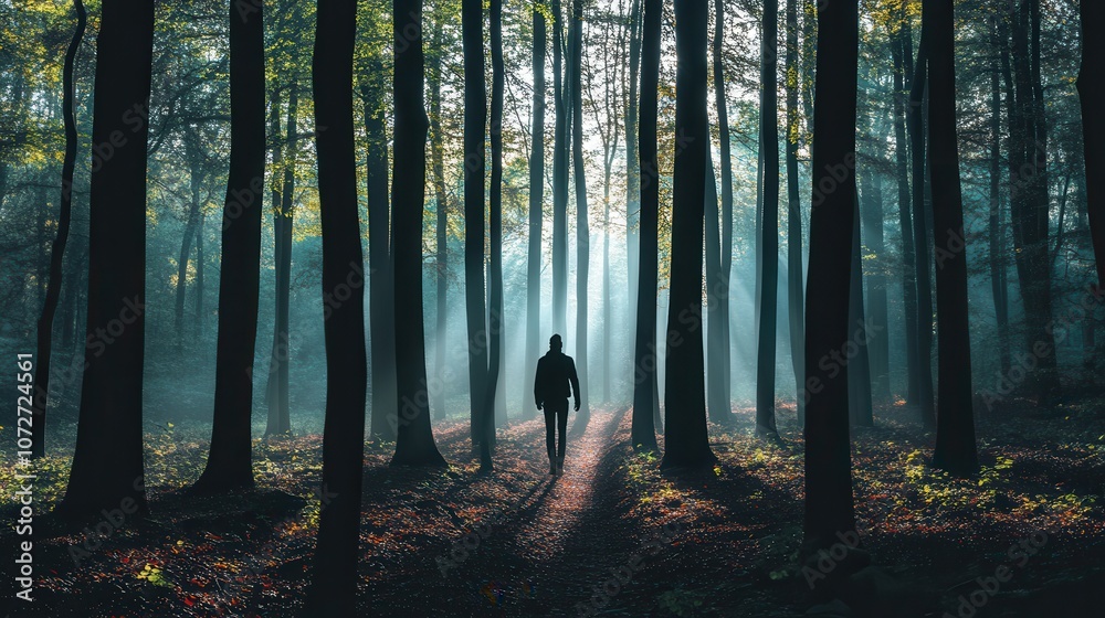Mysterious Silhouette of a Person Walking Through a Foggy Forest Path with Sunbeams.