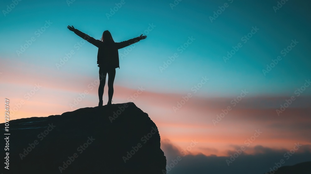 Silhouette of a Woman with Arms Outstretched on a Clifftop at Sunset. Silhouette of a Woman with Arms Outstretched on a Clifftop at Sunset.