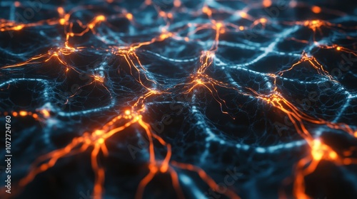 Abstract Blue and Orange Lava Flow Background with Glowing Lines - 3D Render.