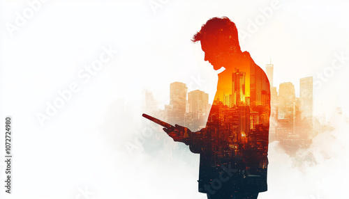 businessman holding digital tablet stands against cityscape silhouette, showcasing blend of technology and urban life. image conveys sense of innovation and modernity