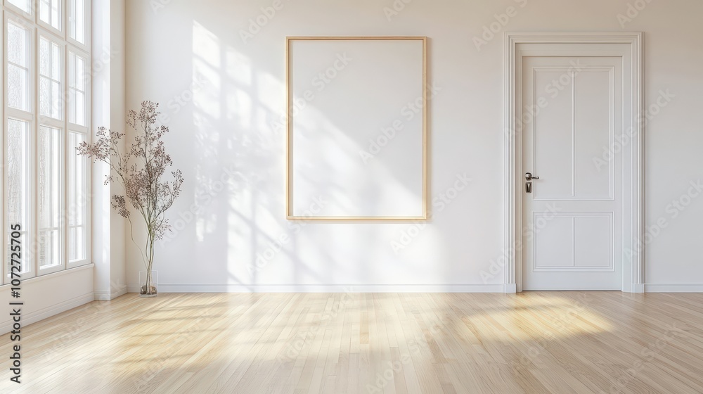 Fototapeta premium Sunlight fills an empty room with framed art.