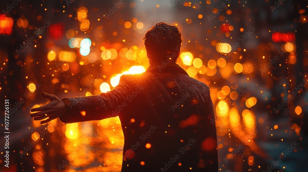 Silhouette of man in city lights and rain. Silhouette of man in city lights and rain.