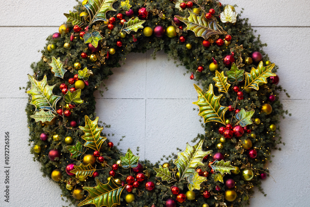 Christmas wreath with red and green ornaments Christmas wreath with red and green ornaments