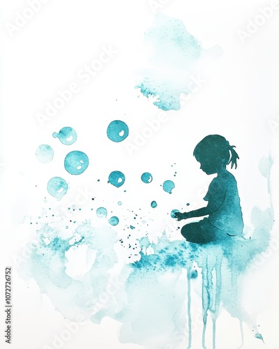 Watercolor Painting of a Child Blowing Bubbles, Blue and Green Colors, Abstract Art, Minimalist Design.