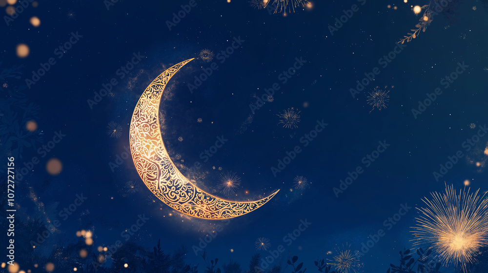 Fototapeta premium Arabic calligraphy design with crescent moon on vibrant deep dark green blue navy Ramadan Kareem background, celebration design for eid fitr, eid adha, ramadan mubarak poster, flyer sales illustration