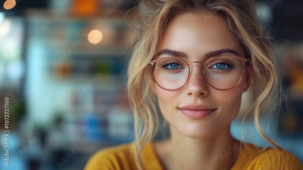 Portrait of a beautiful young woman with blonde hair wearing glasses and a yellow sweater, smiling at the camera.