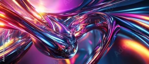 Abstract Neon and Chrome Design with Shiny Surface and Curved Shapes - Colorful Digital Art.