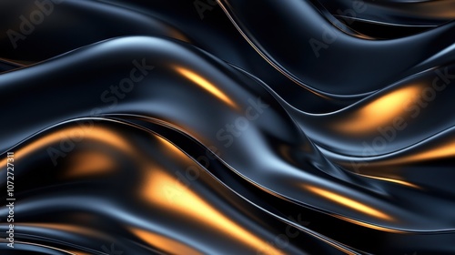 Abstract Dark Blue and Gold Wavy Background, Fluid 3D Render, Dynamic Design Texture