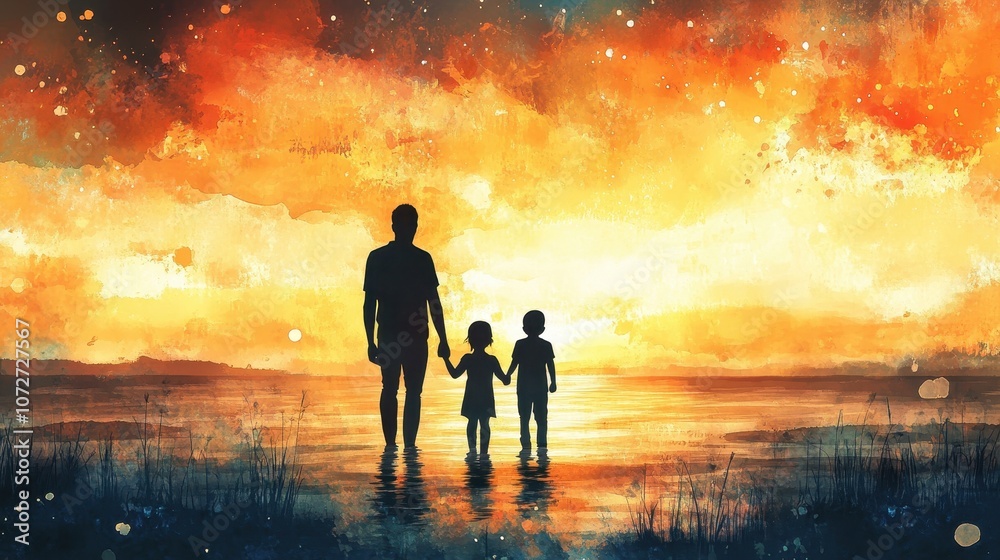 Silhouette of Family at Sunset, Watercolor Painting, Father, Daughter, and Son, Golden Sky, Family Bonding, Peaceful Evening Silhouette of Family at Sunset, Watercolor Painting, Father, Daughter, and Son, Golden Sky, Family Bonding, Peaceful Evening