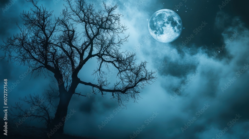 Silhouette of a Tree Against a Full Moon and Starry Night Sky. Silhouette of a Tree Against a Full Moon and Starry Night Sky.