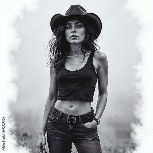 Woman in a cowgirl hat stark black and white