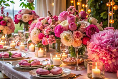 Elegant Food Presentation Surrounded by Beautifully Arranged Artificial Peonies for a Luxurious Dining Experience