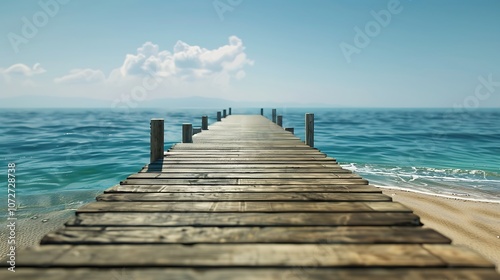 Wooden jetty leading to the sea with blue sky and clouds