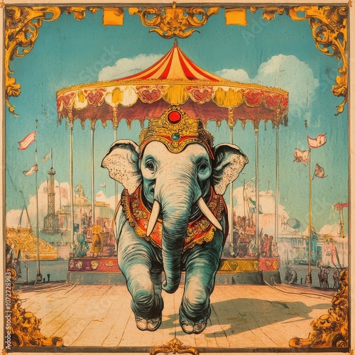 Majestic Elephant Carousel: A regal elephant, adorned in ornate jewelry, takes center stage on a vibrant vintage carousel. This captivating artwork blends fantasy and nostalgia.