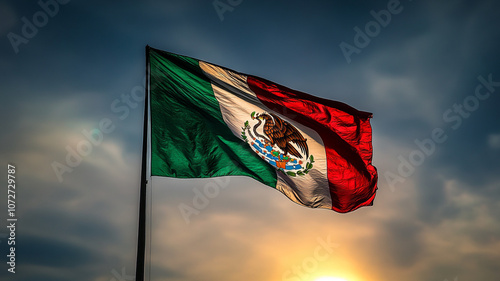 Celebrating Mexican Independence Day with the waving flag at sunset in a lively Mexican plaza photo