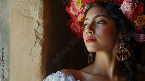 Celebrating Mexican Independence Day with traditional attire and vibrant floral headpieces photo