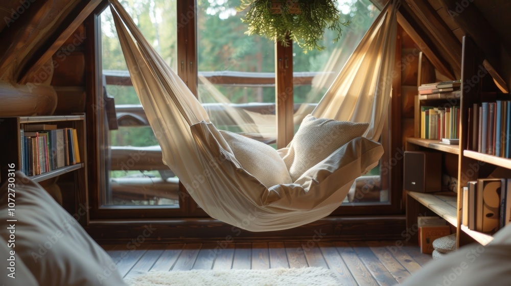 A cozy reading nook with a suspended airfilled hammock chair providing a suspended and weightless reading experience. A cozy reading nook with a suspended airfilled hammock chair providing a suspended and weightless reading experience.
