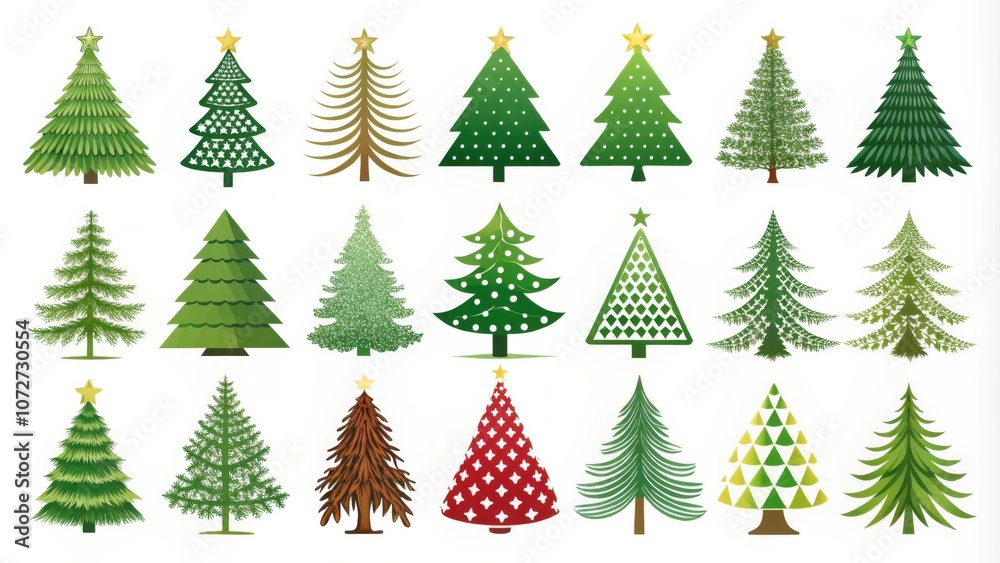 A Collection of Twenty Diversely Designed Christmas Trees with Variations in Shape, Color, and Decoration A Collection of Twenty Diversely Designed Christmas Trees with Variations in Shape, Color, and Decoration