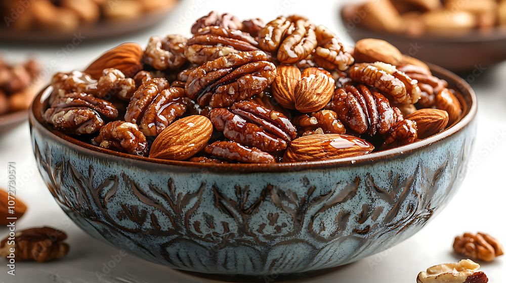 decorative bowl filled with mix of candied nuts, including pecans, almonds, and walnuts, creating delightful and inviting snack decorative bowl filled with mix of candied nuts, including pecans, almonds, and walnuts, creating delightful and inviting snack