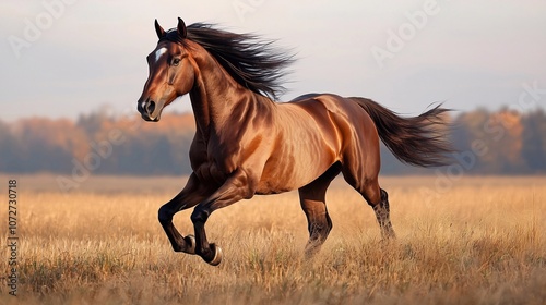 A majestic horse running freely through an open field at sunrise, with soft morning light illuminating its mane.