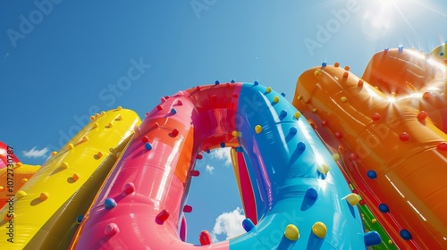 Vibrant oversized 3D letters with a bouncy inflatable texture seem to defy gravity as they float in a bright sunny sky. photo