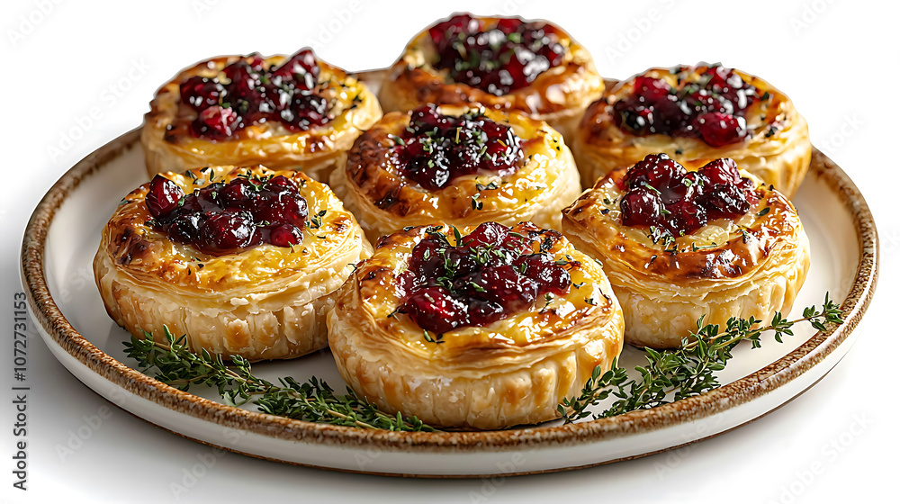 Cranberry brie bites arranged on decorative plate, showcasing delicious appetizer. flaky pastry is topped with sweet cranberries and herbs, perfect for gatherings Cranberry brie bites arranged on decorative plate, showcasing delicious appetizer. flaky pastry is topped with sweet cranberries and herbs, perfect for gatherings