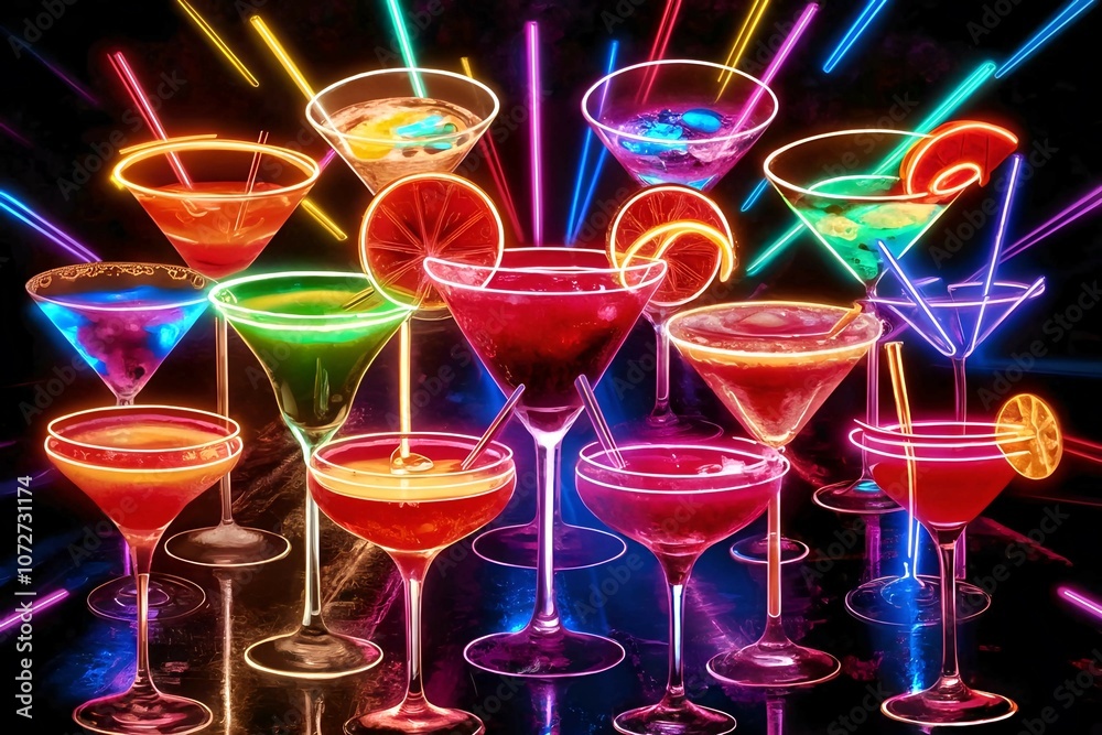 neon cocktail on a black background. the concept of signage, parties, bar neon cocktail on a black background. the concept of signage, parties, bar