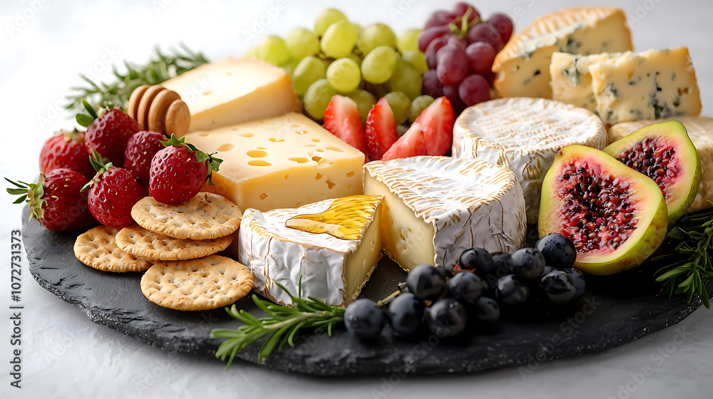 Delightful cheese platter featuring variety of cheeses, fruits, honey, and crackers, perfect for gatherings and celebrations