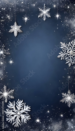 A festive winter background with silver snowflakes and stars on a dark blue backdrop, creating a magical and elegant holiday atmosphere.