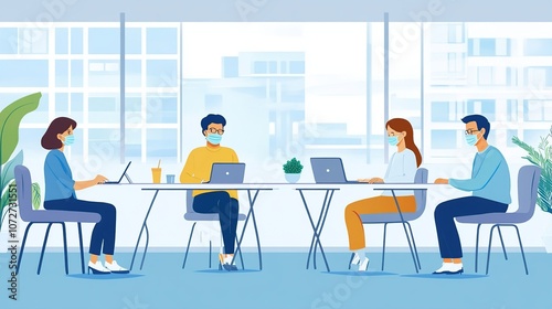 Team members wearing face masks and practicing social distancing during a meeting