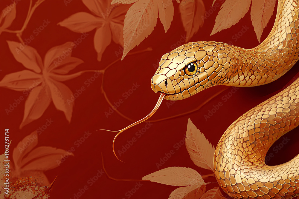 Stunning illustration of a golden snake coiling against a rich red background, perfect for 2025 New Year celebrations, Chinese zodiac themes, or elegant banners. Stunning illustration of a golden snake coiling against a rich red background, perfect for 2025 New Year celebrations, Chinese zodiac themes, or elegant banners.