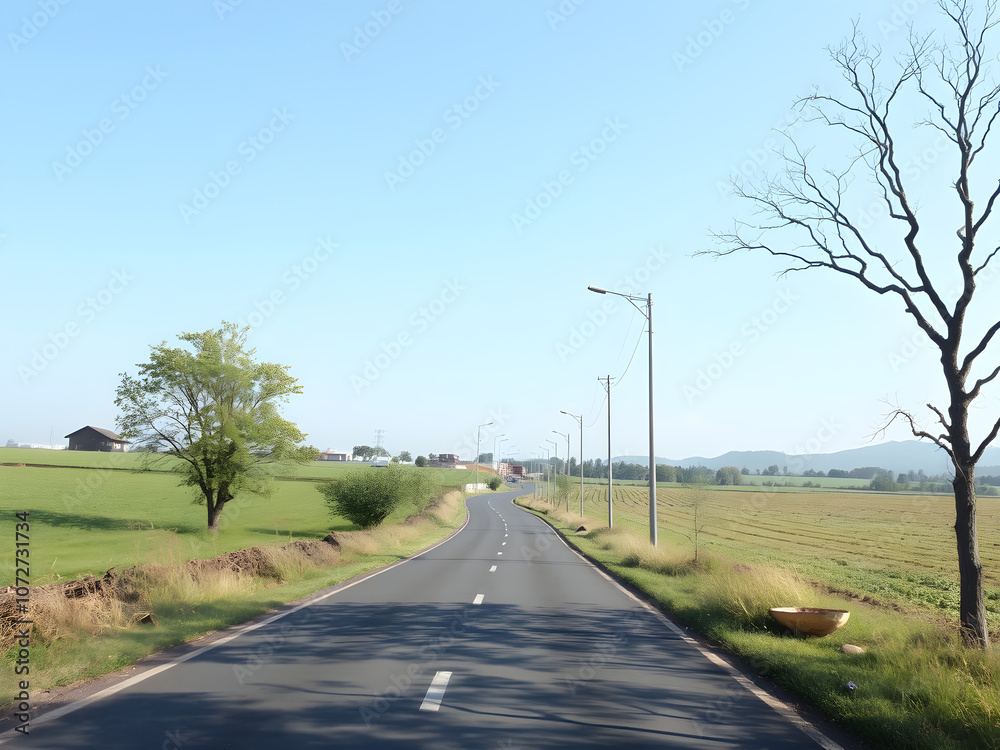 Road on green farm area, clear sky Road on green farm area, clear sky