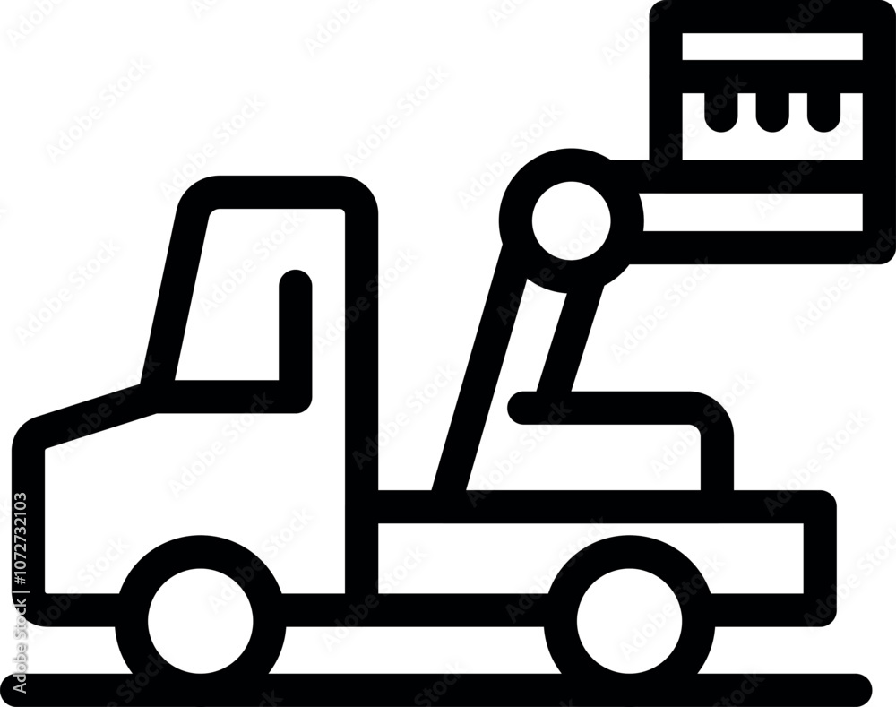 Simple black and white line drawing of an aerial work platform truck lifting cargo, representing logistics and transportation Simple black and white line drawing of an aerial work platform truck lifting cargo, representing logistics and transportation