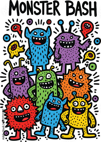 Adobe Illustrator Artwork of cute, fun, colorful monsters in celebration of a Monster Bash.