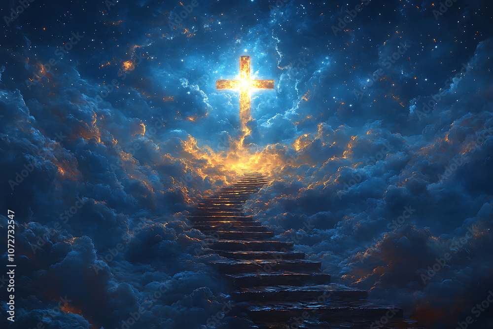 A cross in the sky, shining brightly, surrounded by clouds with stairs leading up to it. The colors are blue and white, in a hyper-realistic style A cross in the sky, shining brightly, surrounded by clouds with stairs leading up to it. The colors are blue and white, in a hyper-realistic style