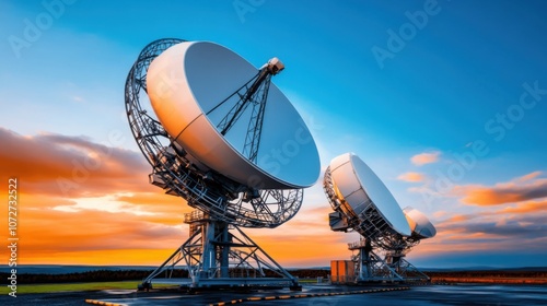 Satellite Dishes Against Vibrant Sunset Sky