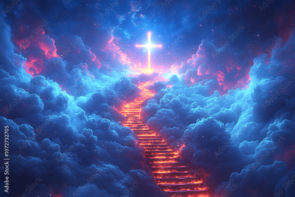 A cross in the sky, shining brightly, surrounded by clouds with stairs leading up to it. The colors are blue and white, in a hyper-realistic style A cross in the sky, shining brightly, surrounded by clouds with stairs leading up to it. The colors are blue and white, in a hyper-realistic style