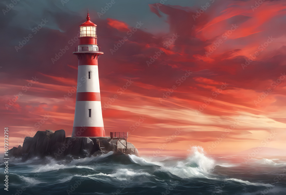A red and white lighthouse stands on a rocky shore amidst turbulent ocean waves under a cloudy sky. A red and white lighthouse stands on a rocky shore amidst turbulent ocean waves under a cloudy sky.