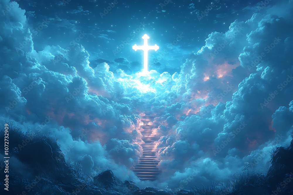 A cross in the sky, shining brightly, surrounded by clouds with stairs leading up to it. The colors are blue and white, in a hyper-realistic style A cross in the sky, shining brightly, surrounded by clouds with stairs leading up to it. The colors are blue and white, in a hyper-realistic style