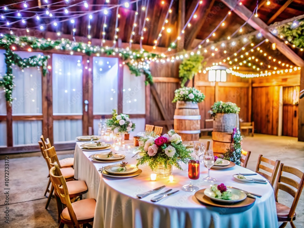 Naklejka premium Enchanting Barn Wedding Decorations at Night: Twinkling Lights and Rustic Charm for a Dreamy Celebration in the Countryside