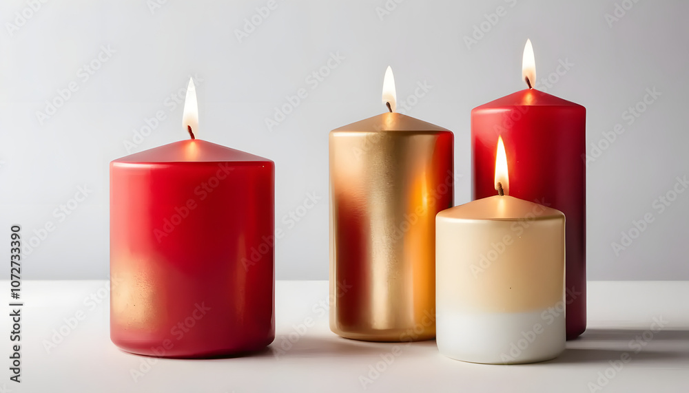 Beautifully lit candles in red, gold, and white for ambiance and relaxation concept
Beautifully lit candles in red, gold, and white for ambiance and relaxation concept