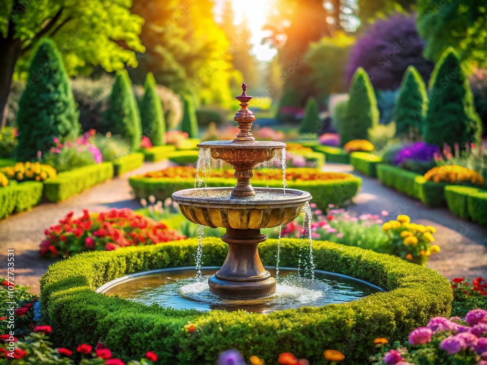 Enchanting Classical Fountain Surrounded by Vibrant Greenery in a Formal Garden Setting Captured with Tilt-Shift Photography for a Dreamlike Perspective Enchanting Classical Fountain Surrounded by Vibrant Greenery in a Formal Garden Setting Captured with Tilt-Shift Photography for a Dreamlike Perspective